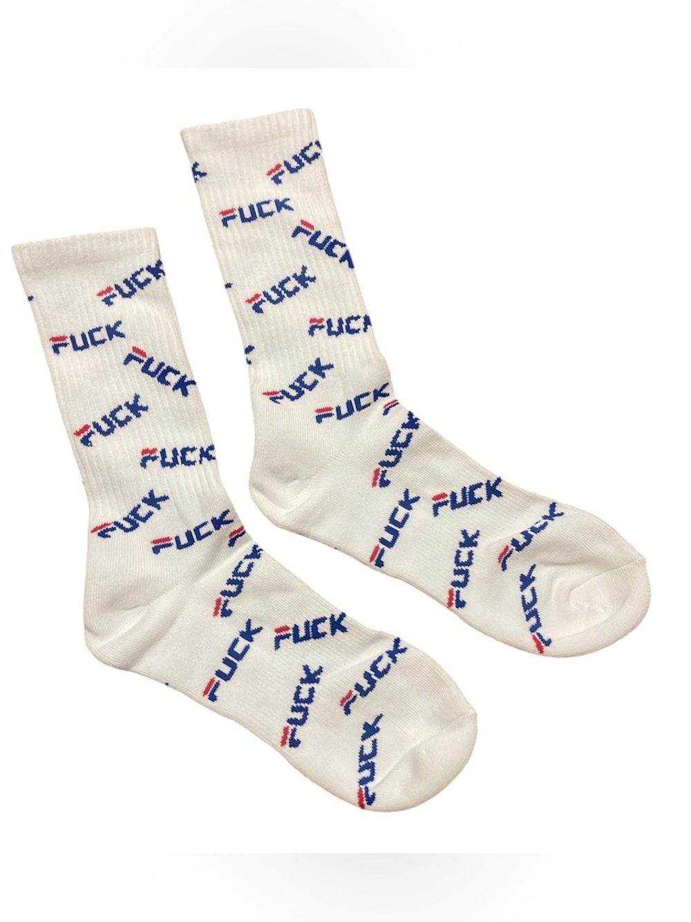White Crew Socks with Blue & Red Micro Logo Pattern